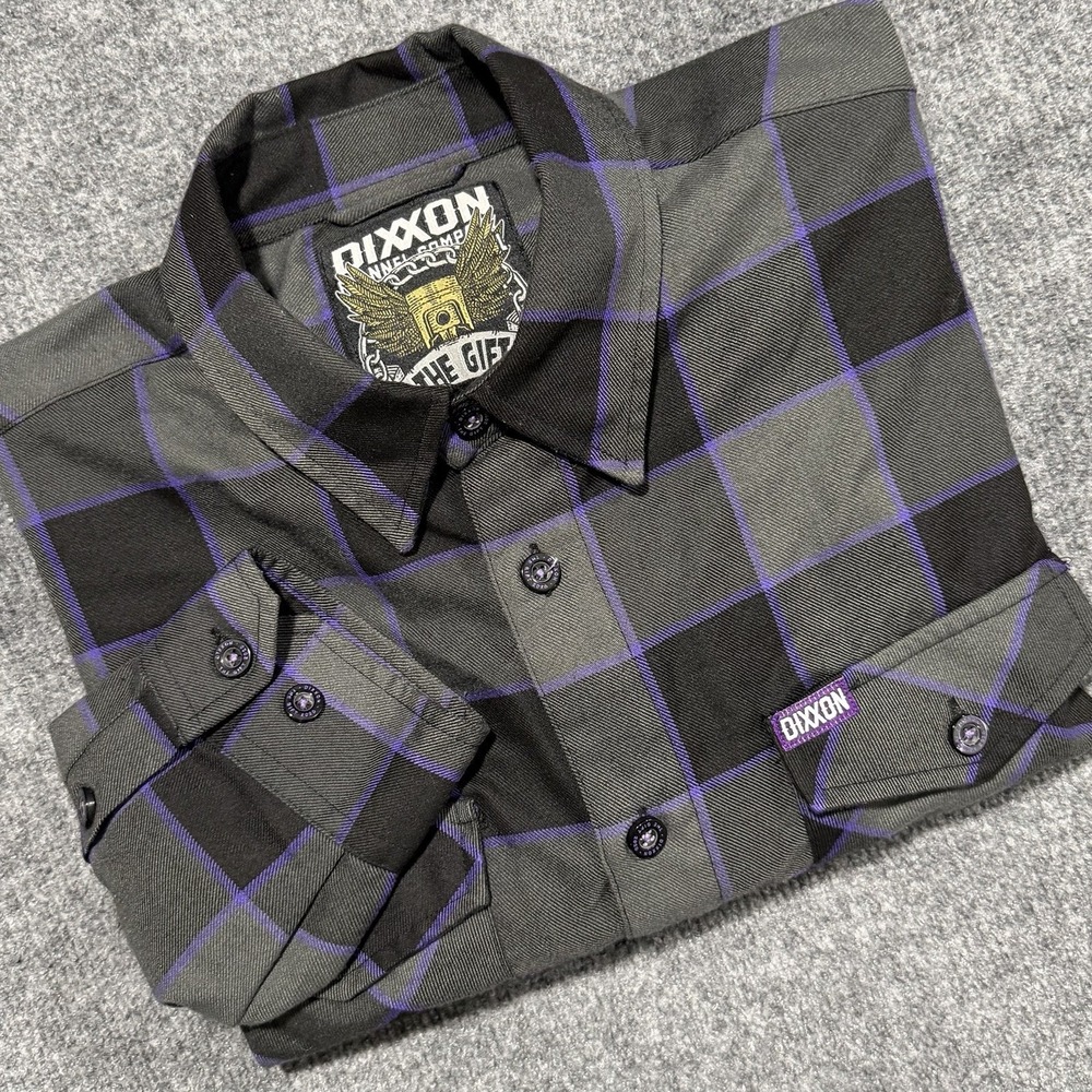 Dixxon Flannel Co THE GIFT Mens Large Button Down Shirt Grey Black Purple Plaid